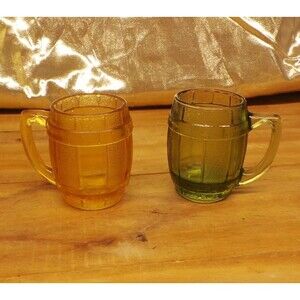 2 Vintage Barrel Shaped MCM Amber & Green with Handle Toothpick Holder
